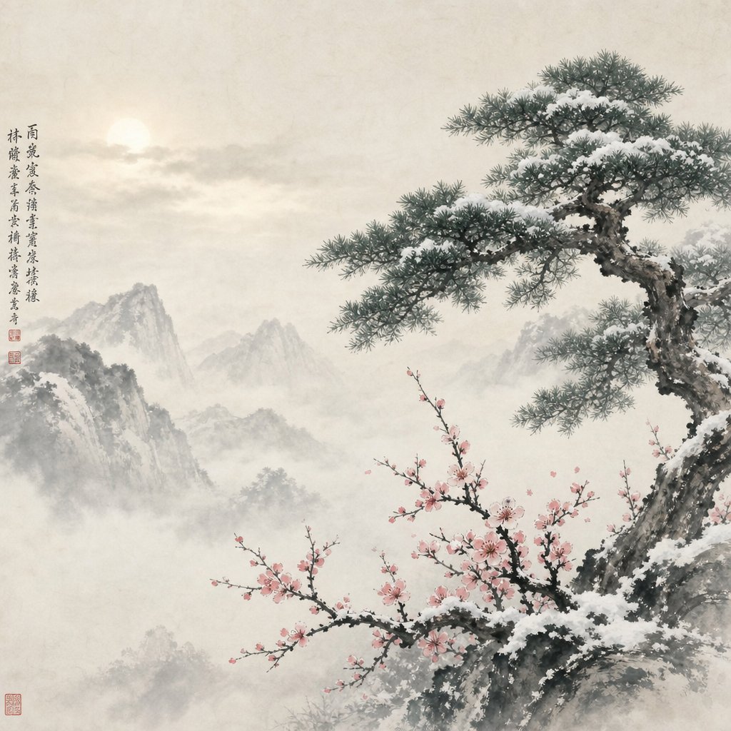 pine trees and plum blossoms in snow represent the nature pairings that form meaningful chinese name combinations