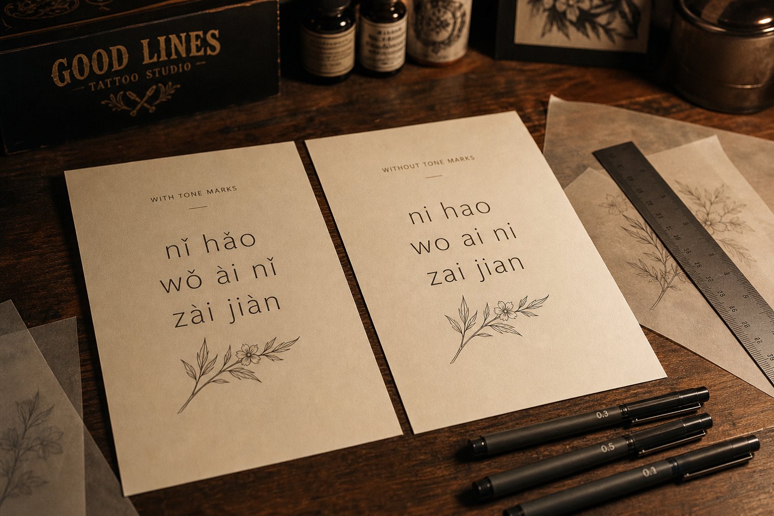 pinyin tattoo designs with and without tone marks showing the visual difference in lettering style