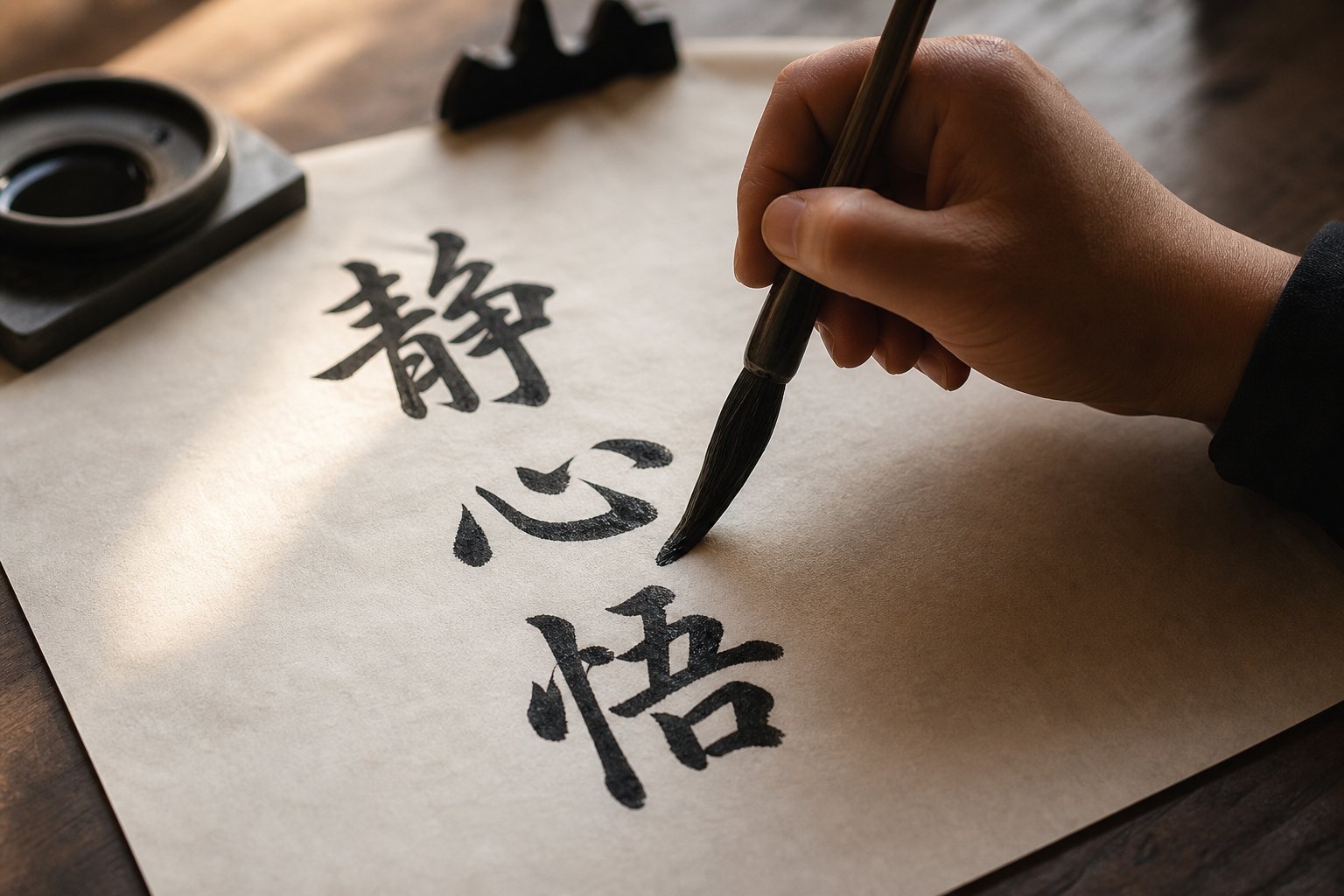 practicing chinese calligraphy stroke order with brush and ink on paper