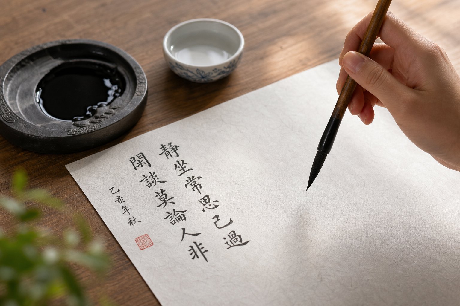 practicing chinese calligraphy with brush and ink on rice paper