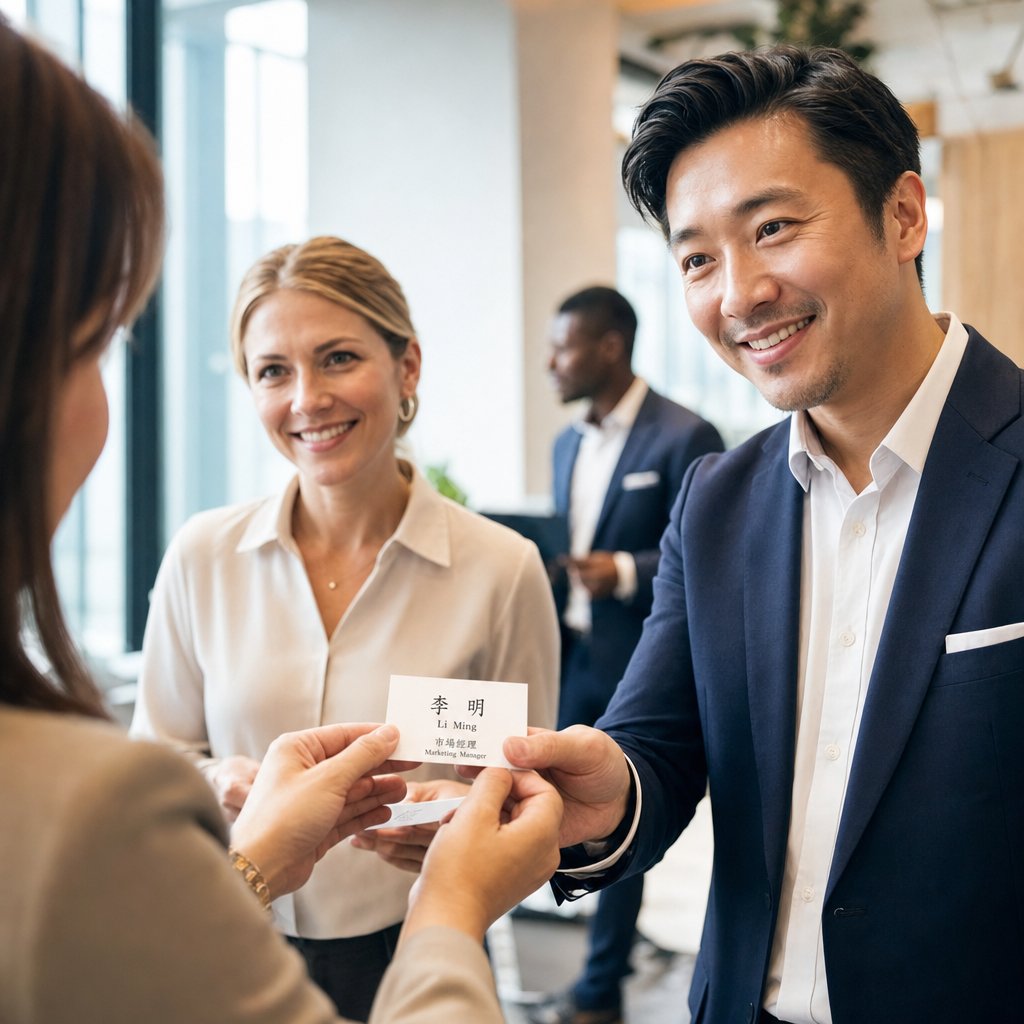 professionals exchanging bilingual business cards showing how a well chosen chinese name functions in cross cultural settings