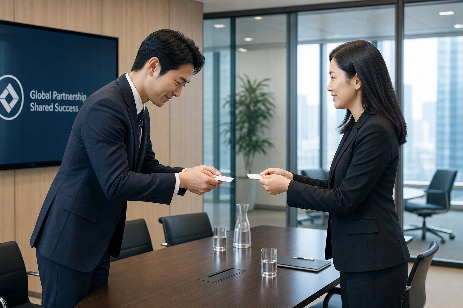 professionals exchanging names respectfully in a business setting demonstrating proper etiquette in cross cultural interactions