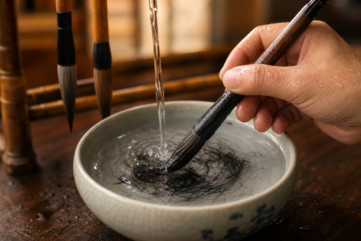 proper brush cleaning technique rinsing bristles thoroughly after each calligraphy practice session