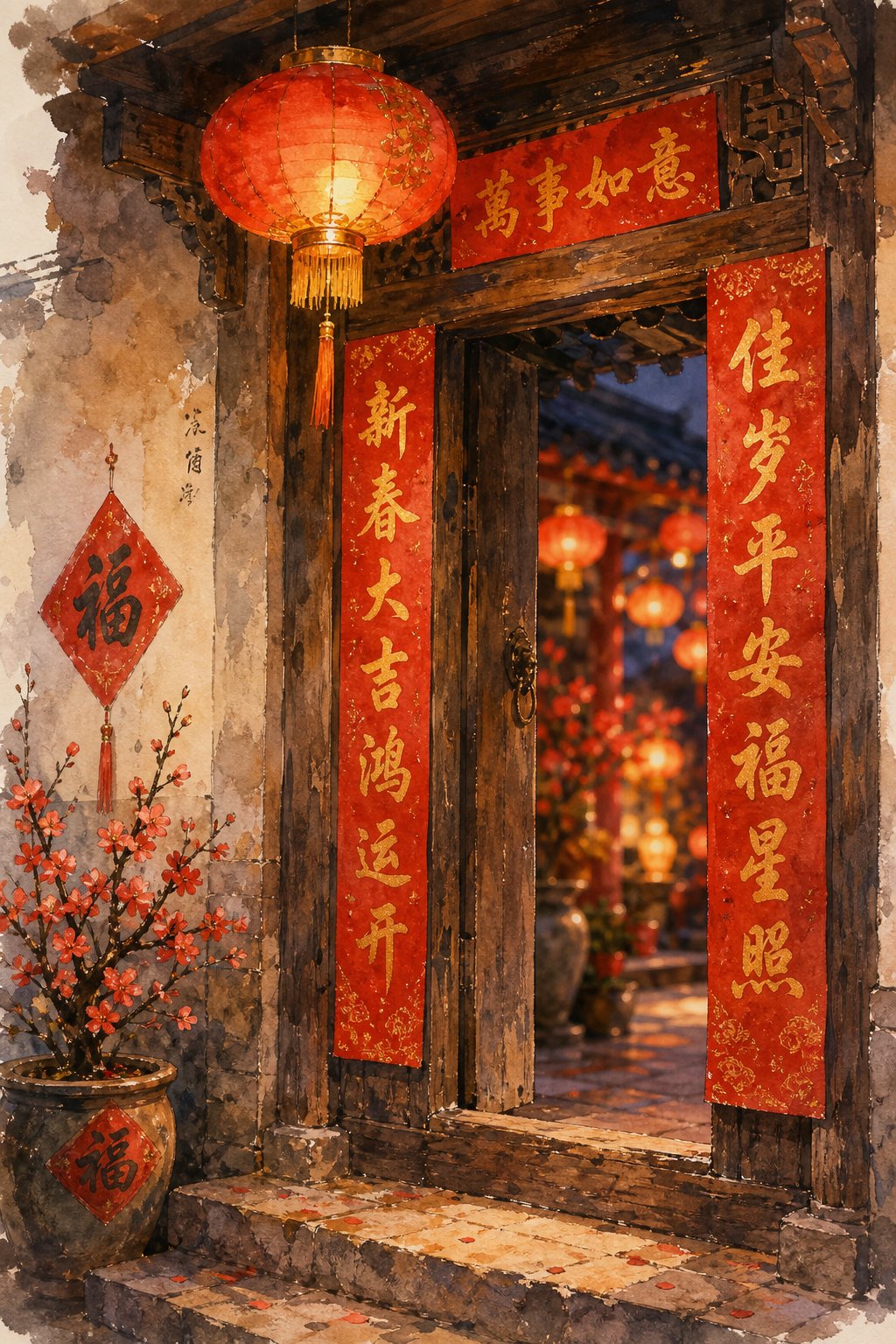 red spring couplets with golden calligraphy adorning a doorway during ox year lunar new year celebrations
