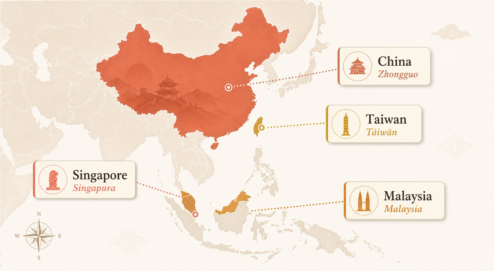 regional map showing how the same chinese name produces different romanizations across asian countries