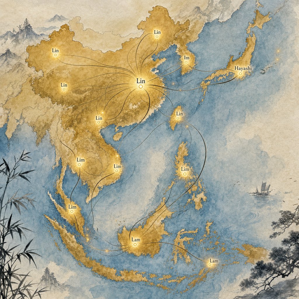 regional spelling variants of the lin surname mapped across east and southeast asia