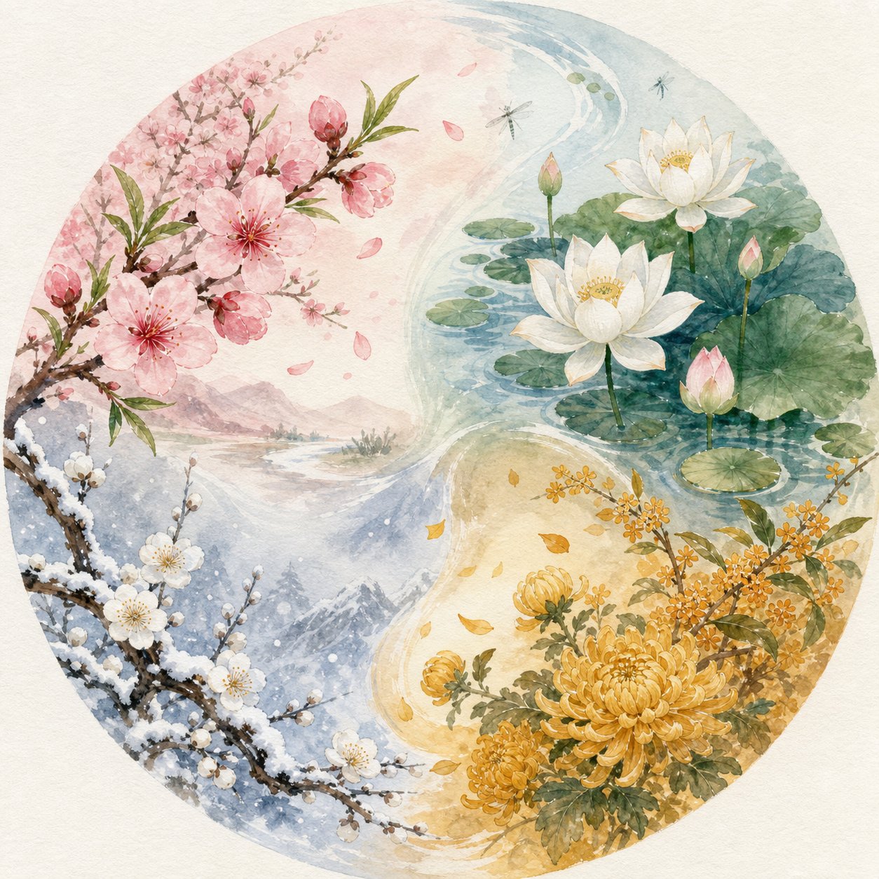 seasonal chinese flowers for naming peach blossom for spring lotus for summer chrysanthemum for autumn and plum blossom for winter