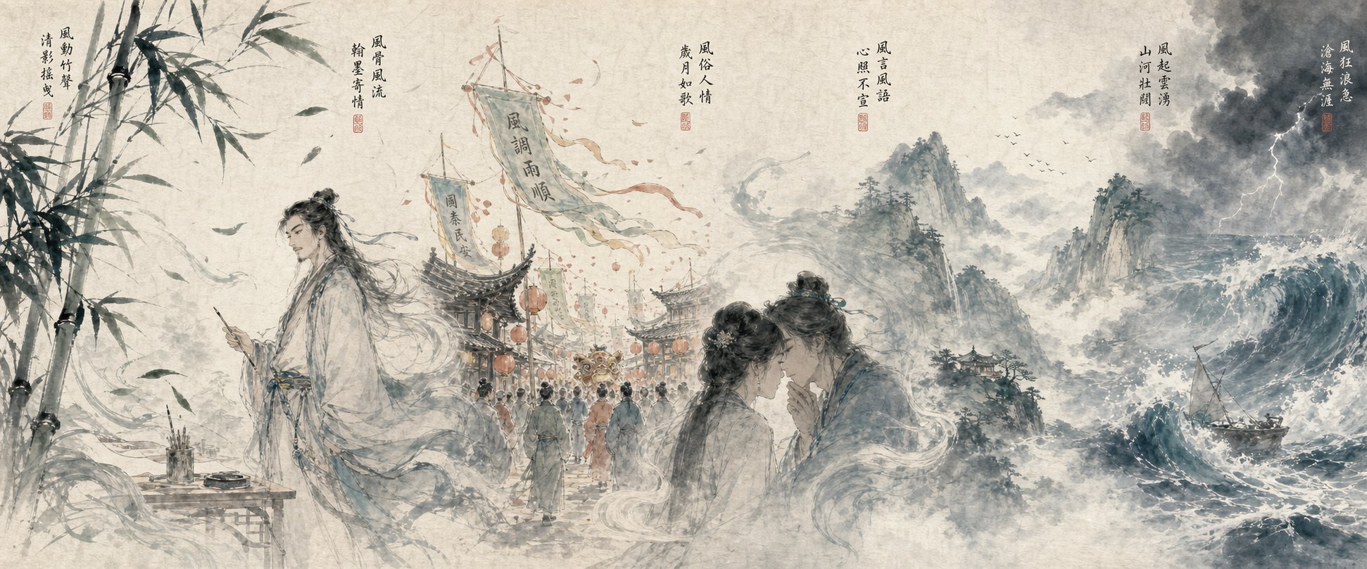 six meanings of the wind character visualized from literal breeze to abstract concepts like style custom and risk