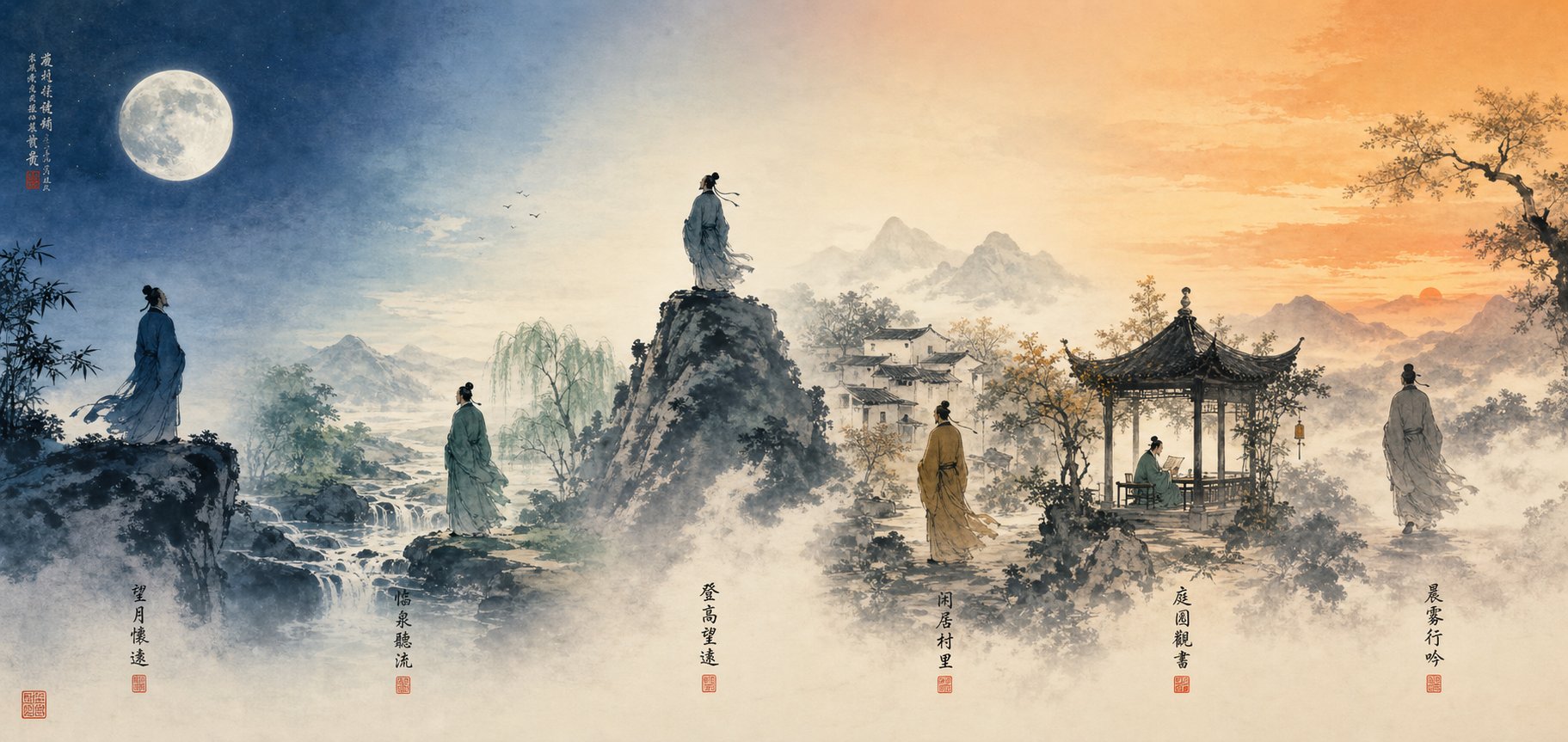 six tang dynasty master poets represented in distinct landscapes reflecting their unique poetic themes and naming strengths