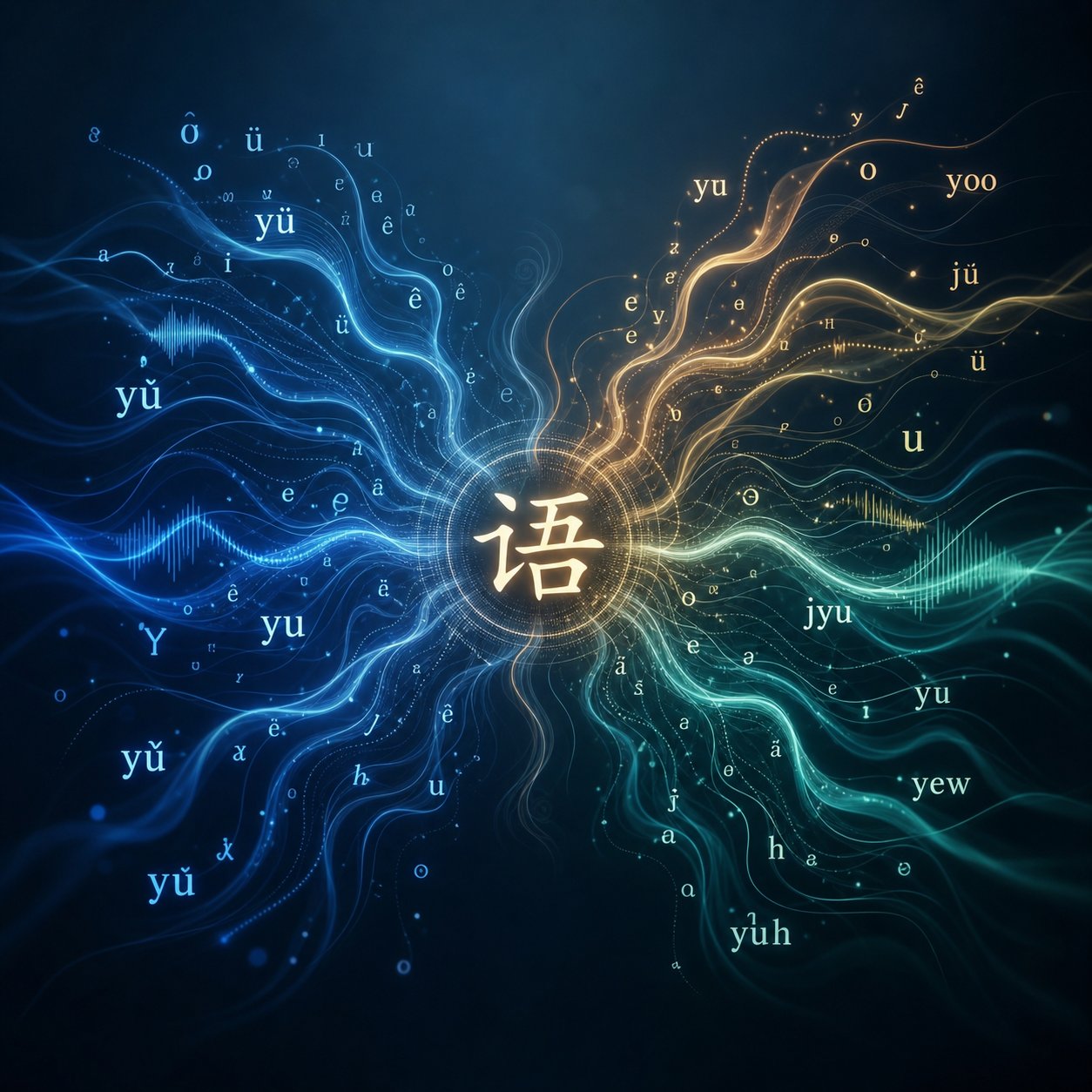 sound waves diverging from a single character into different dialect romanizations showing how poetic tone shifts across chinese languages