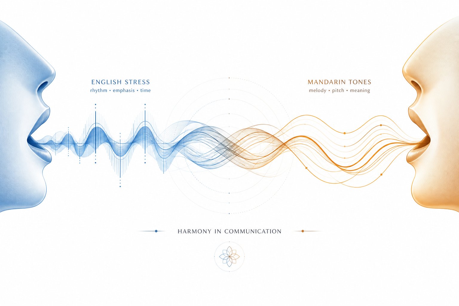 sound waves representing english stress patterns and mandarin tonal curves merging into natural flow