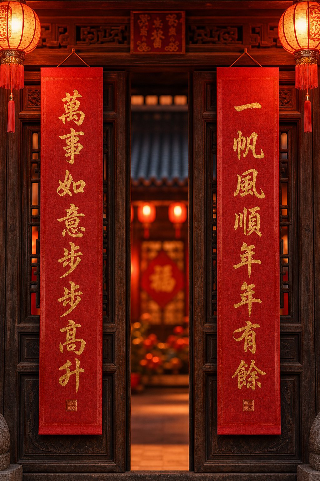 spring couplets featuring four character idioms bring concentrated fortune energy during pig year celebrations