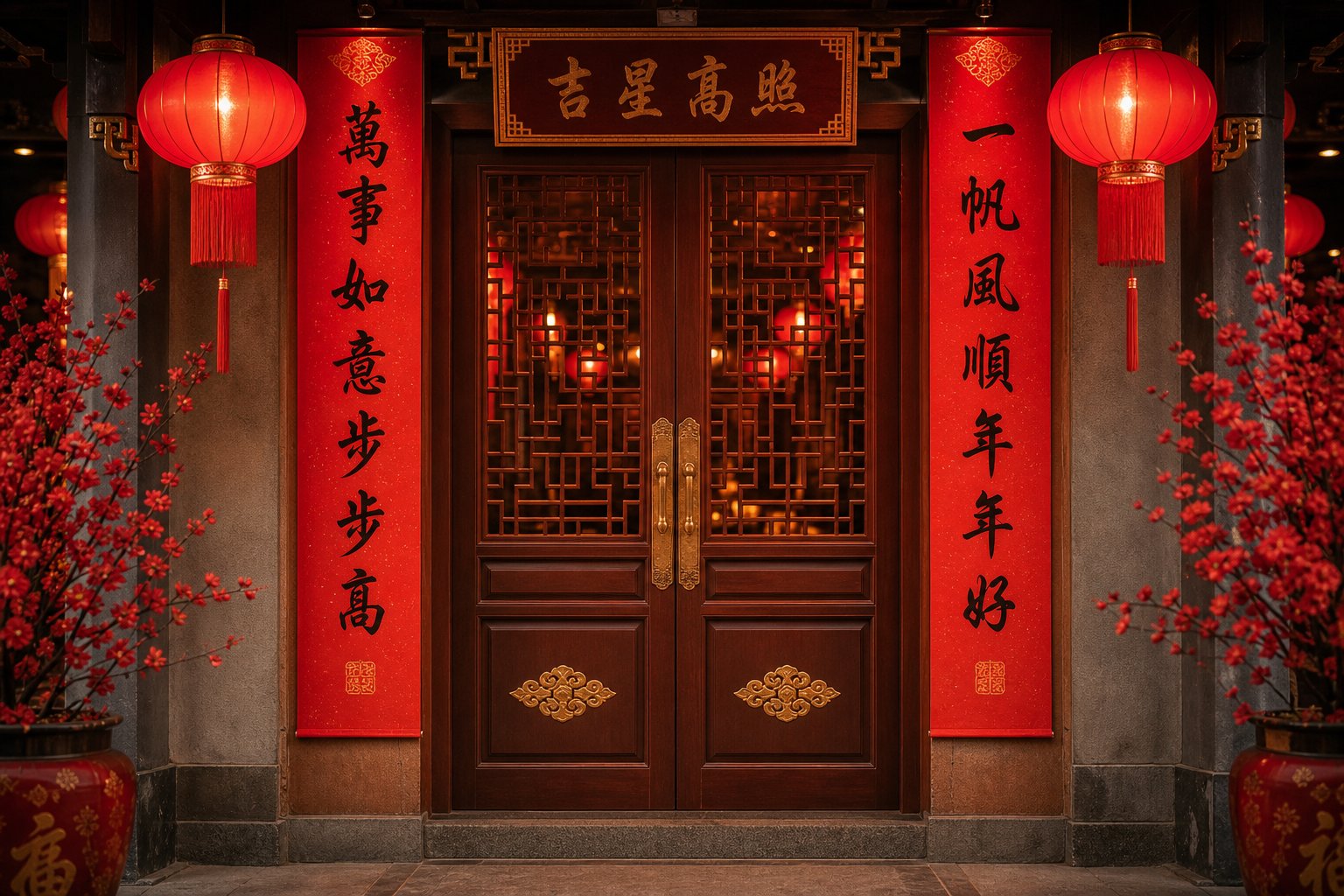 spring festival couplets featuring rooster year blessings displayed on a traditional doorway