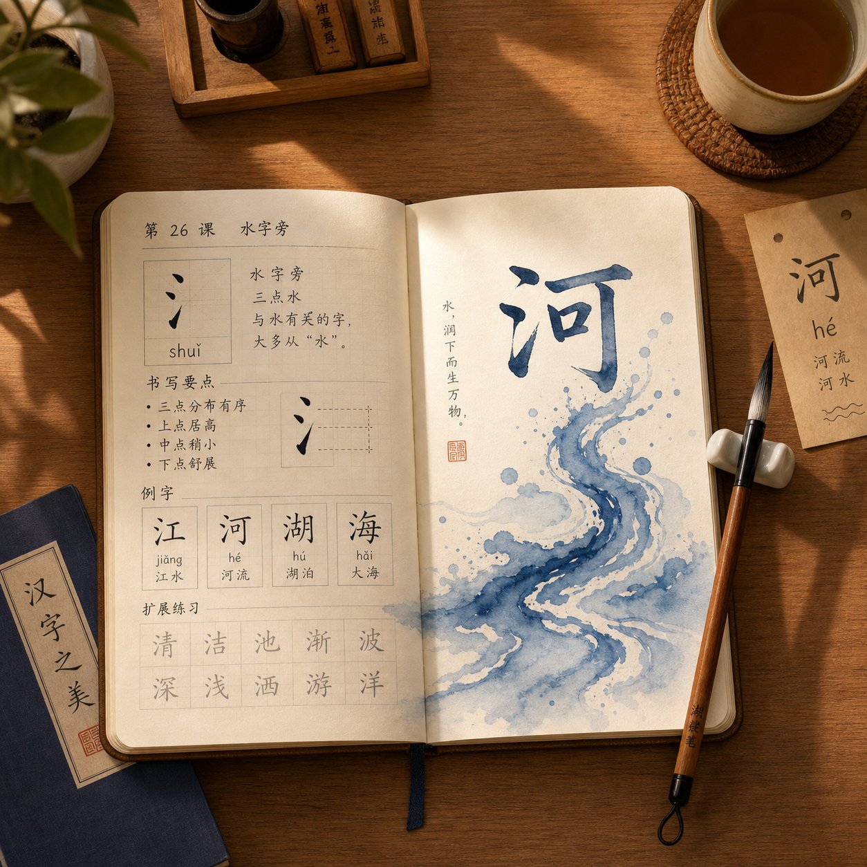 study setup for learning chinese water radical characters through meaning based memorization techniques