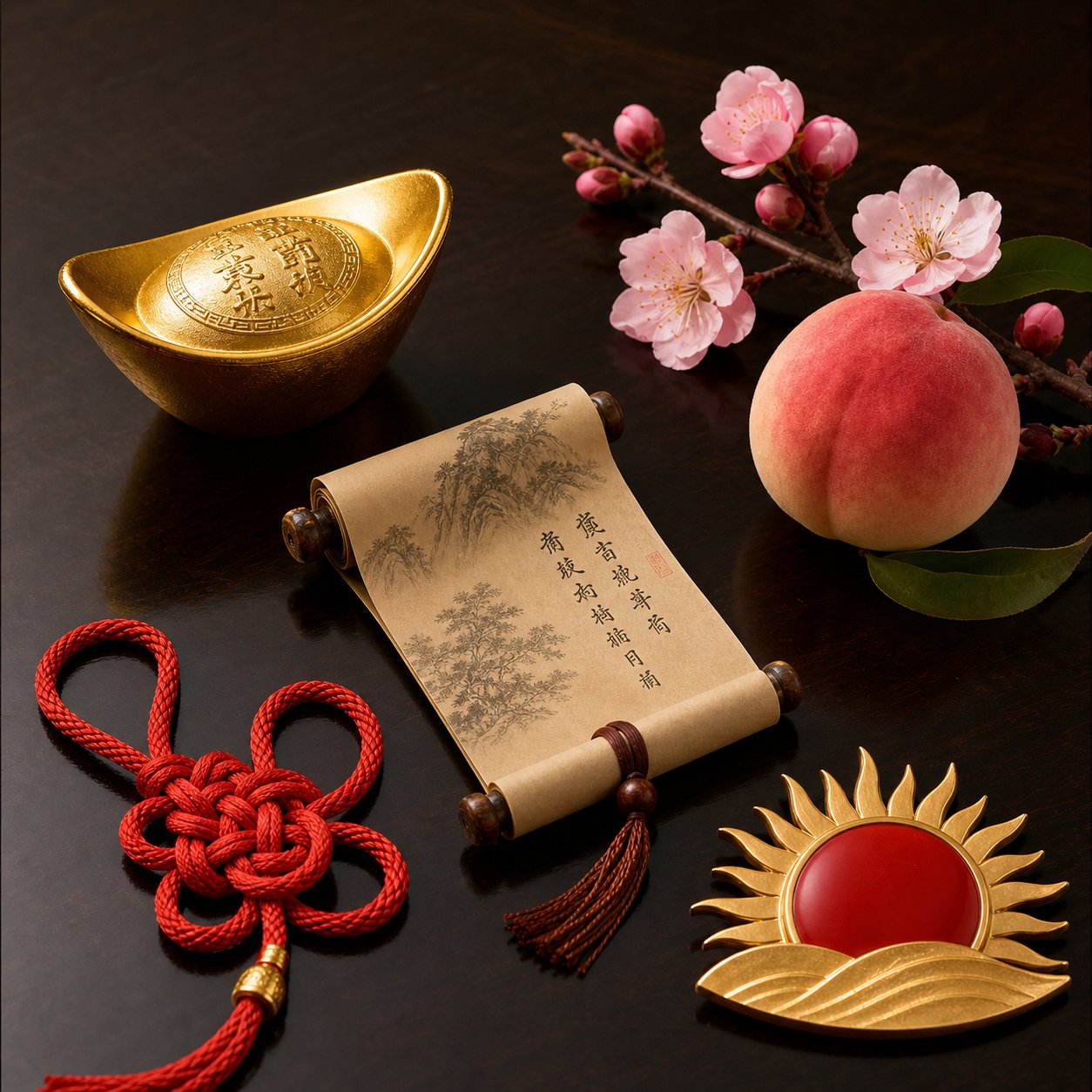 symbolic objects representing wealth health career relationships and education aligned with horse year aspirations