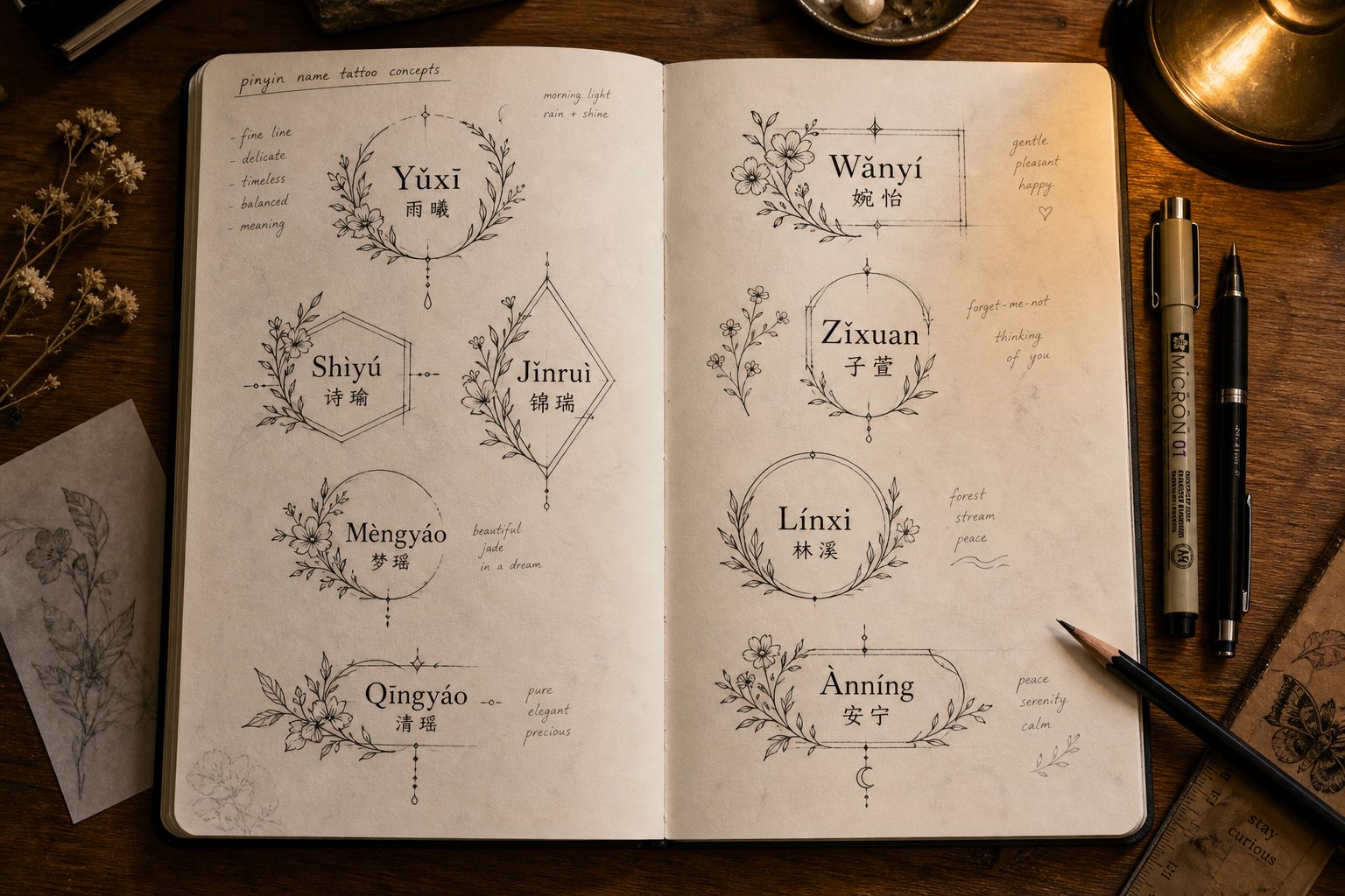 tattoo sketchbook with creative pinyin name designs featuring botanical and geometric elements
