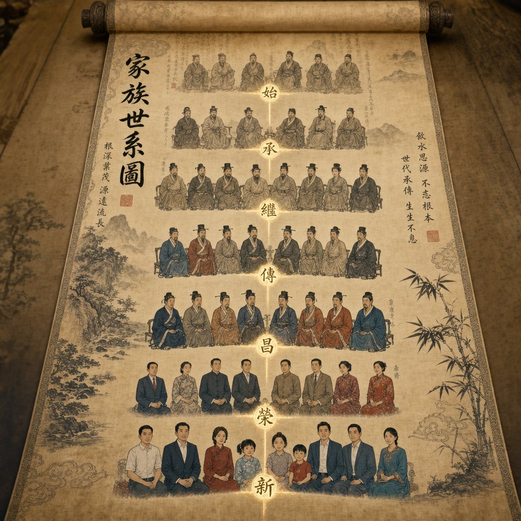 the 字辈 generational naming system showing shared characters linking clan members across generations
