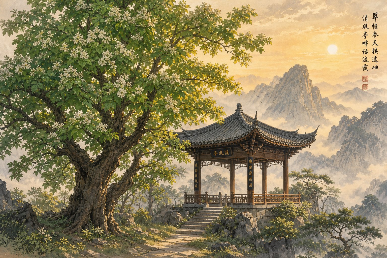 the catalpa tree and lofty pavilion represent the dual meaning of grounded strength and upward aspiration in the name 梓轩