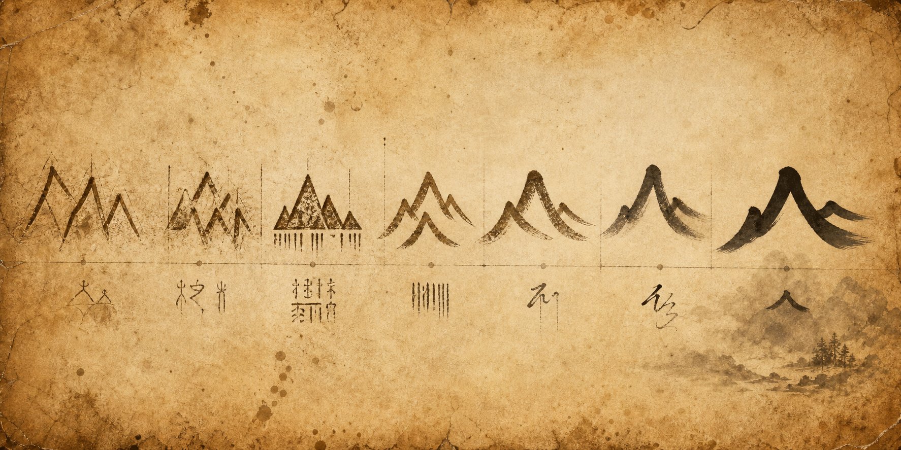 the character 山 evolved from angular oracle bone carvings to smooth brushstrokes over three thousand years