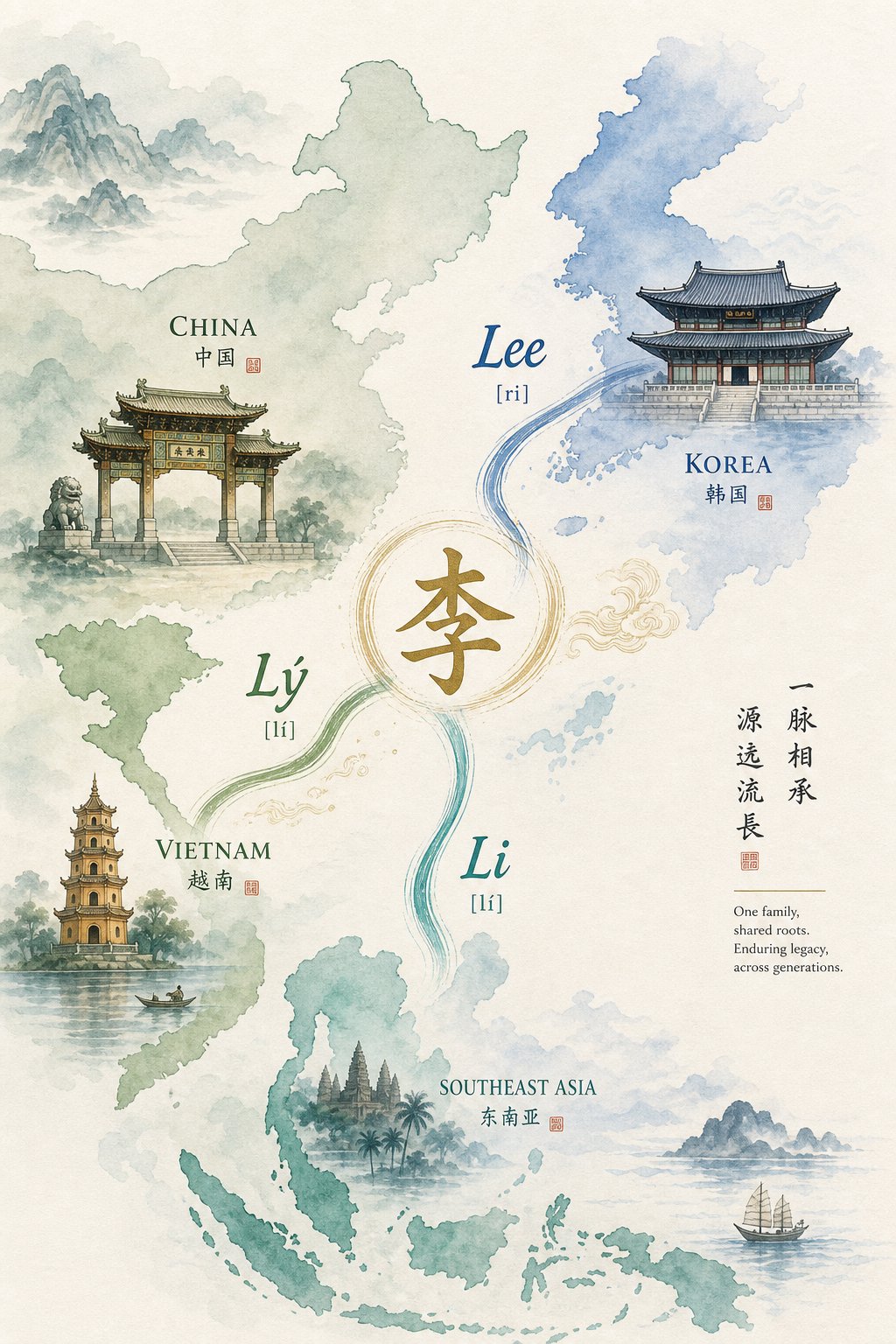 the character 李 spread across east asia becoming lee in korea ly in vietnam and lim in hokkien speaking communities