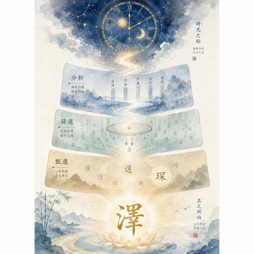 the complete five element naming workflow from birth chart analysis to final character selection