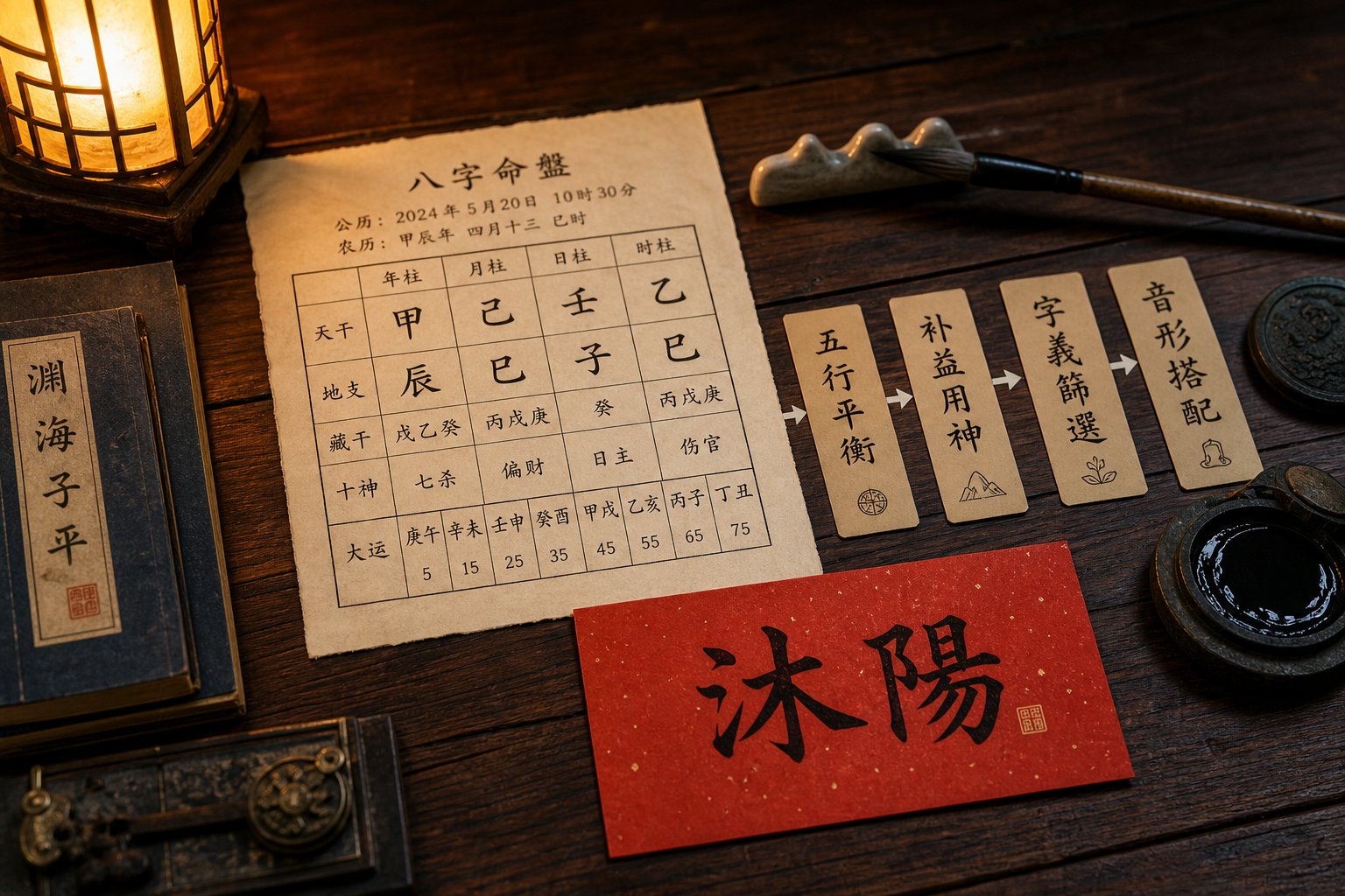 the complete naming workflow from bazi chart analysis to final character selection on a traditional scholar's desk