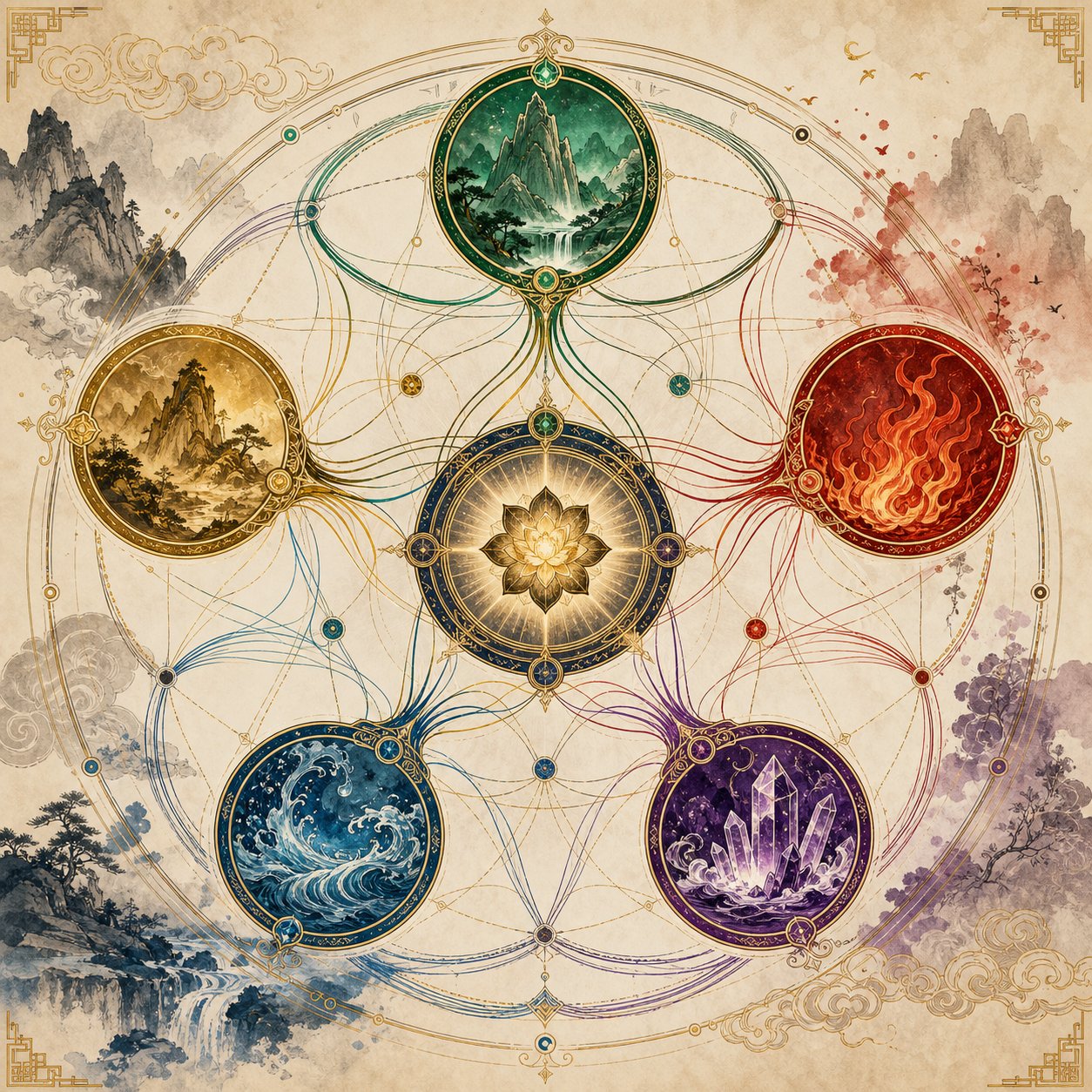 the complete wu xing interaction framework showing all five relationship types unified in a single circular system