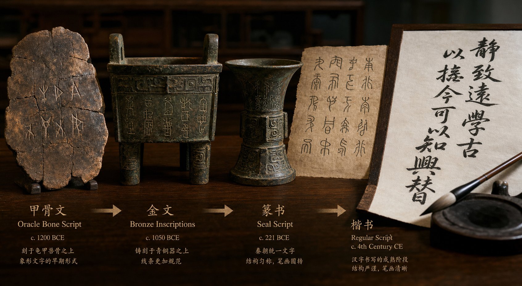 the evolution of chinese characters from oracle bone carvings to modern brushwork spans over 3000 years