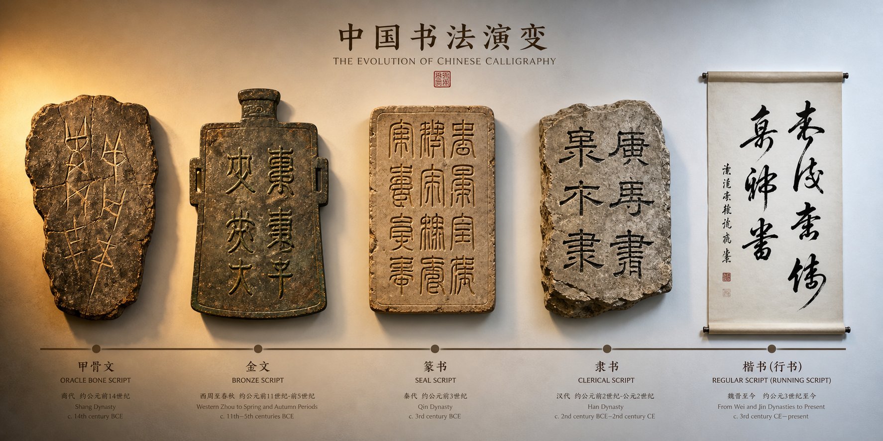 the evolution of chinese script styles from oracle bone carvings to modern regular script