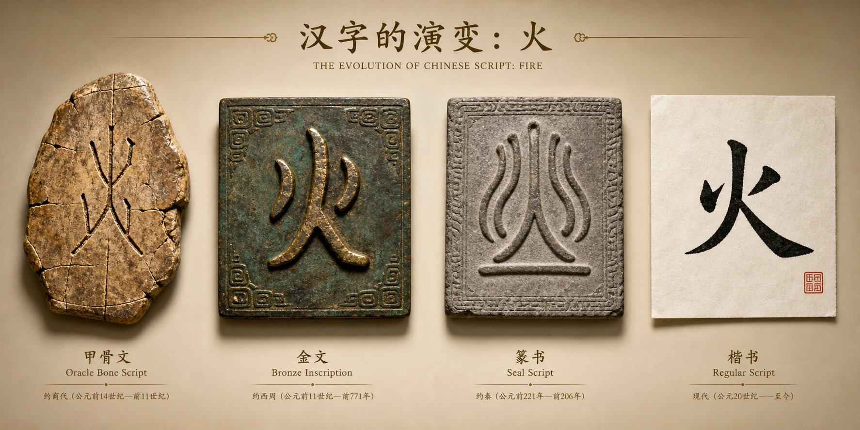 the evolution of fire related chinese characters from ancient oracle bone carvings to modern script forms
