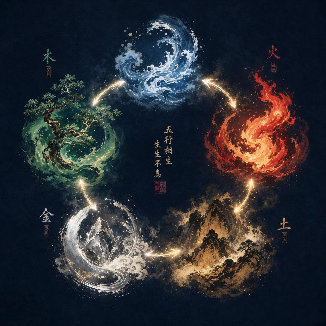 the five element generating cycle showing how metal produces water in chinese metaphysical naming