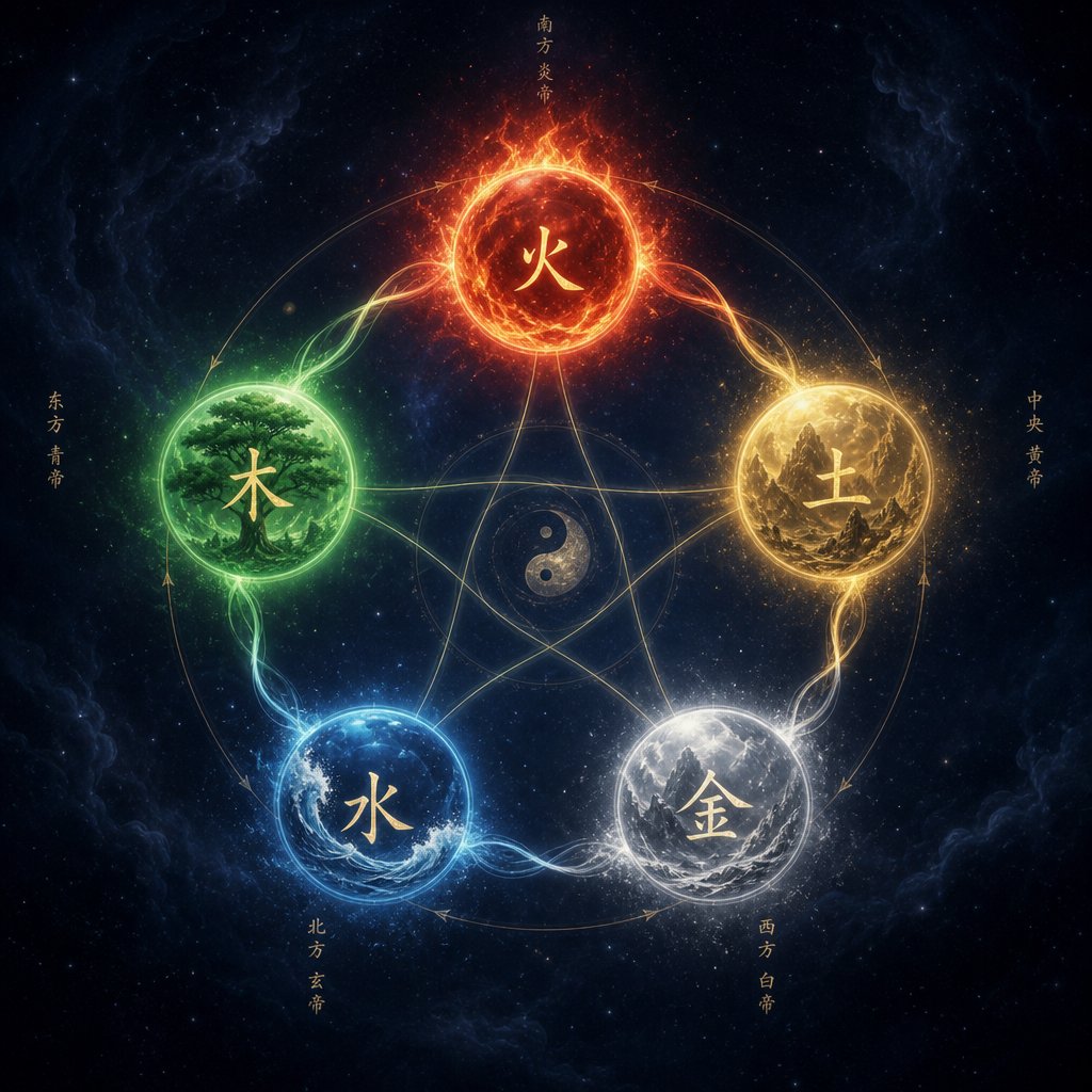 the five elements cycle in chinese philosophy with fire positioned as the element of summer south and transformation