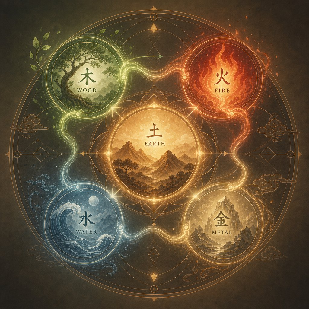 the five elements cycle showing earth at the center as the governing element for real estate businesses