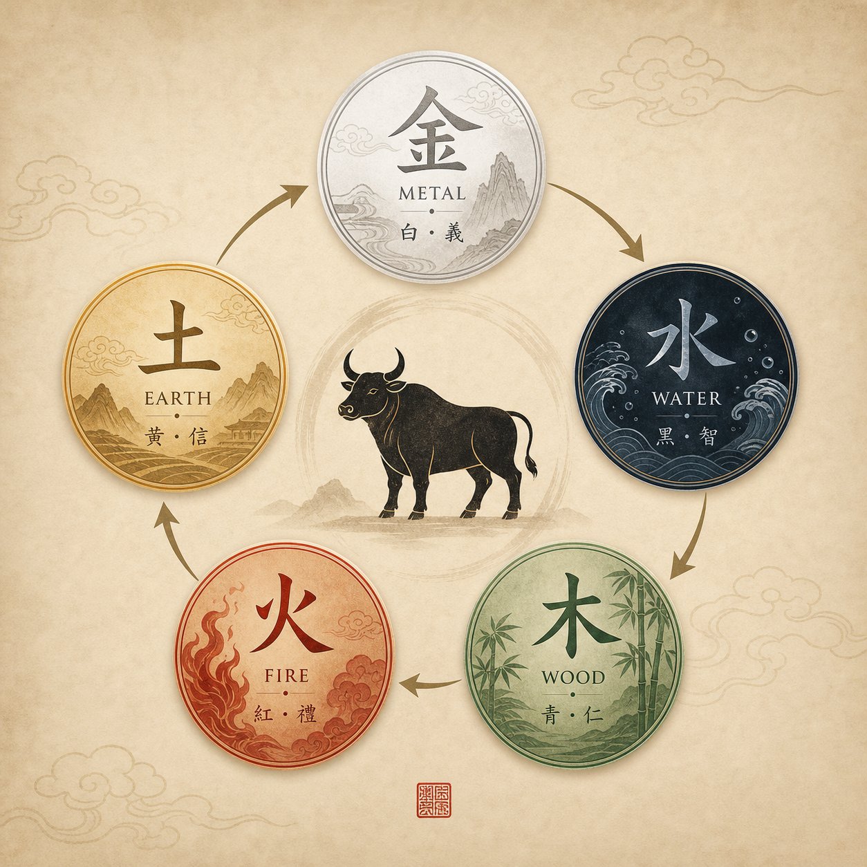 the five elements cycle showing how metal water wood fire and earth each influence auspicious character selection for different ox year types