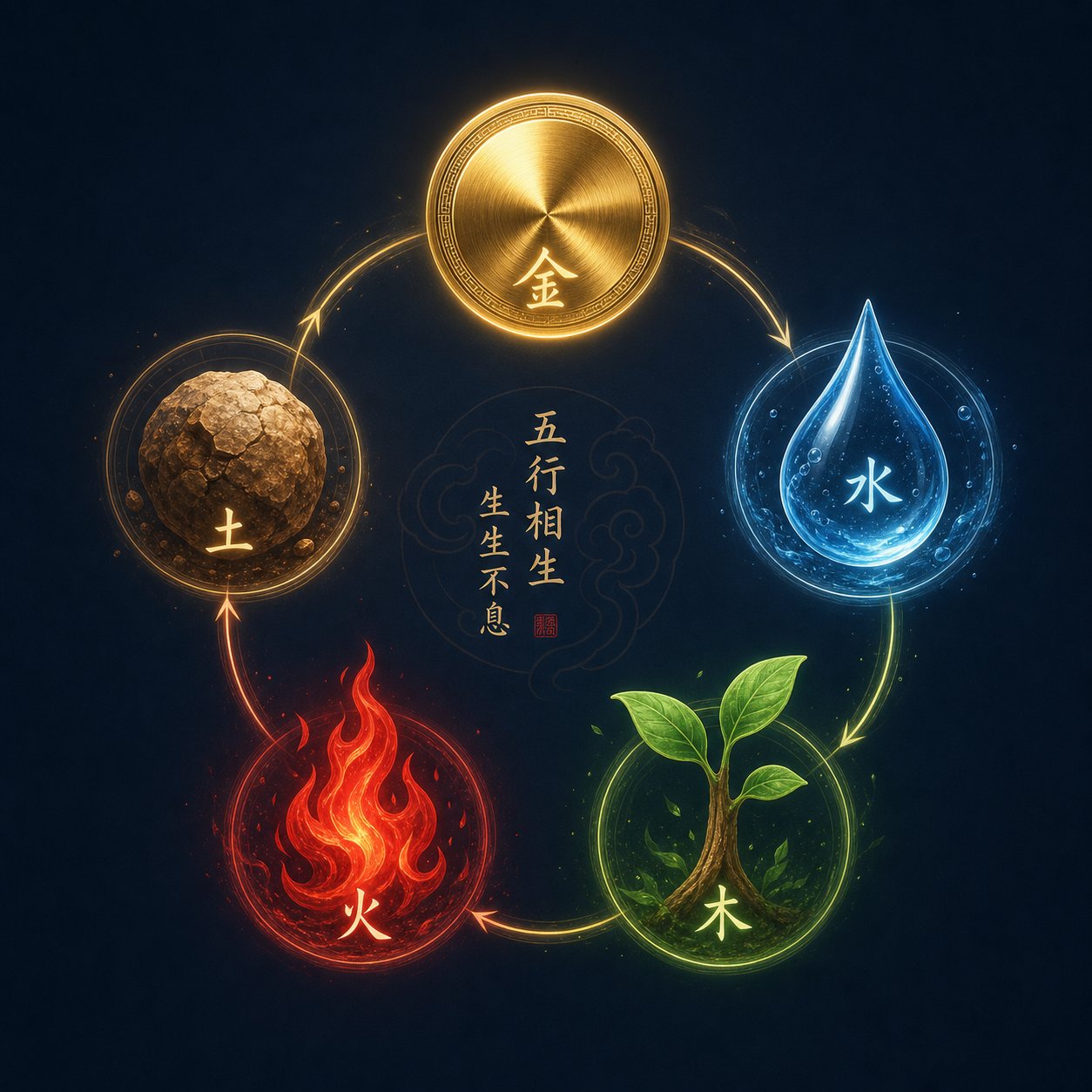 the five elements cycle showing how metal water wood fire and earth interact in chinese naming theory