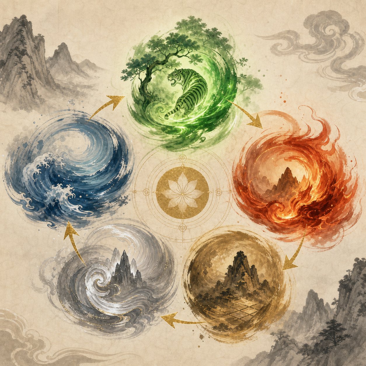 the five elements cycle showing how water nourishes the tiger's native wood element in chinese naming theory