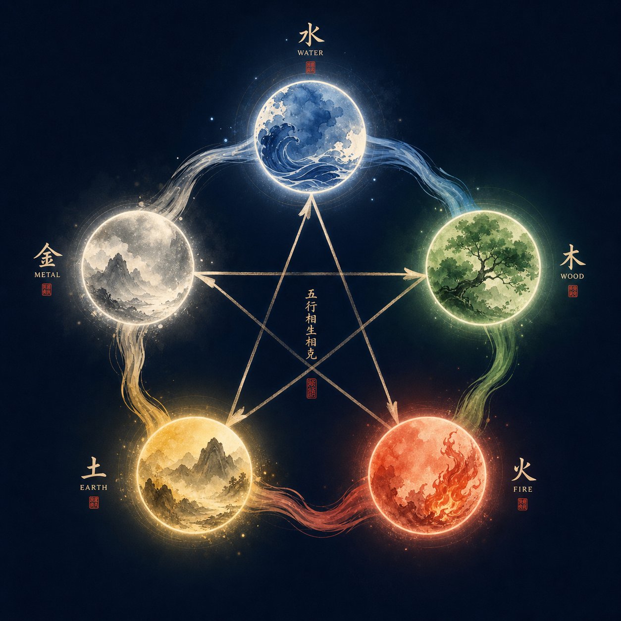 the five elements cycle showing how water wood fire earth and metal interact in chinese naming philosophy