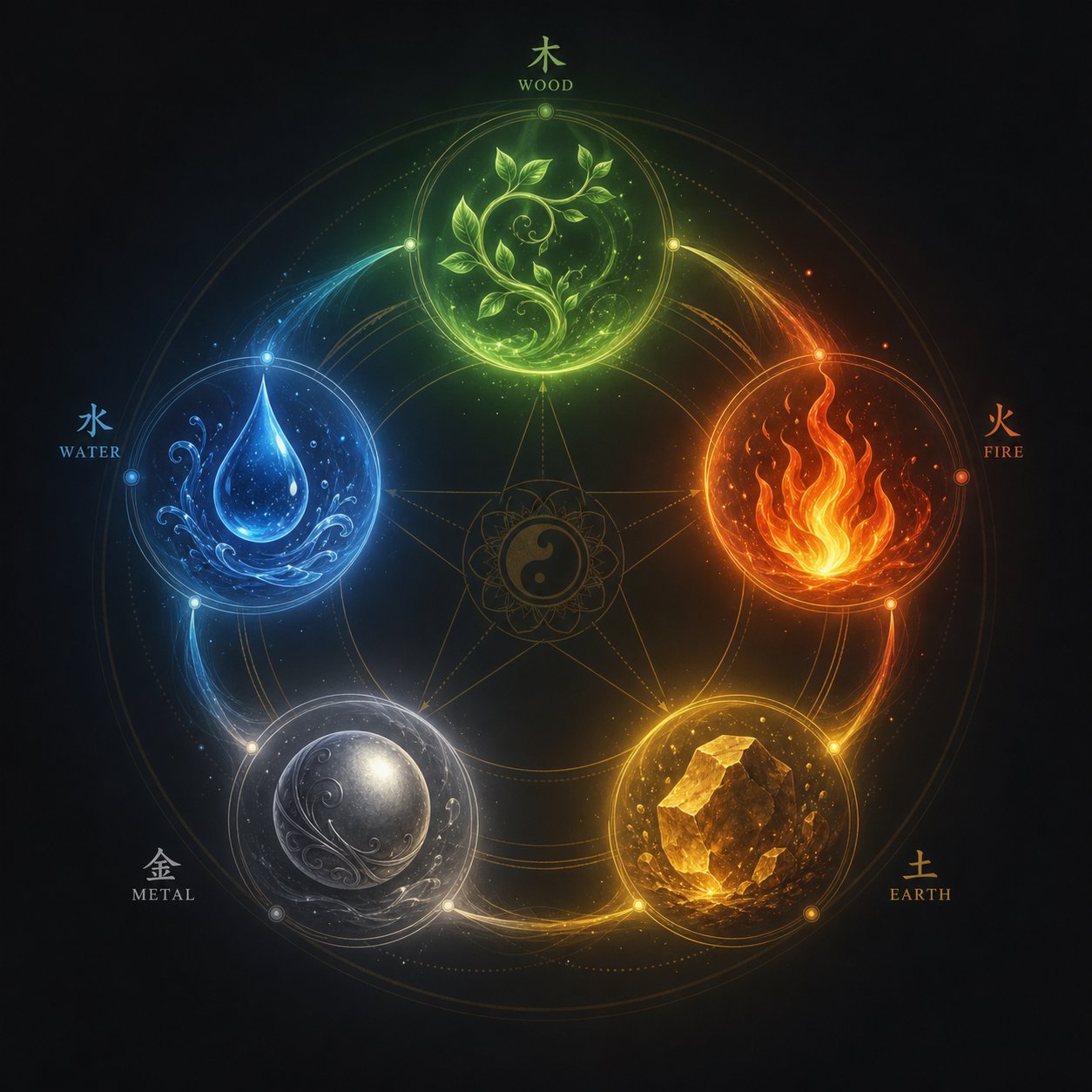 the five elements cycle showing how wood fire earth metal and water generate and restrict each other in feng shui name analysis