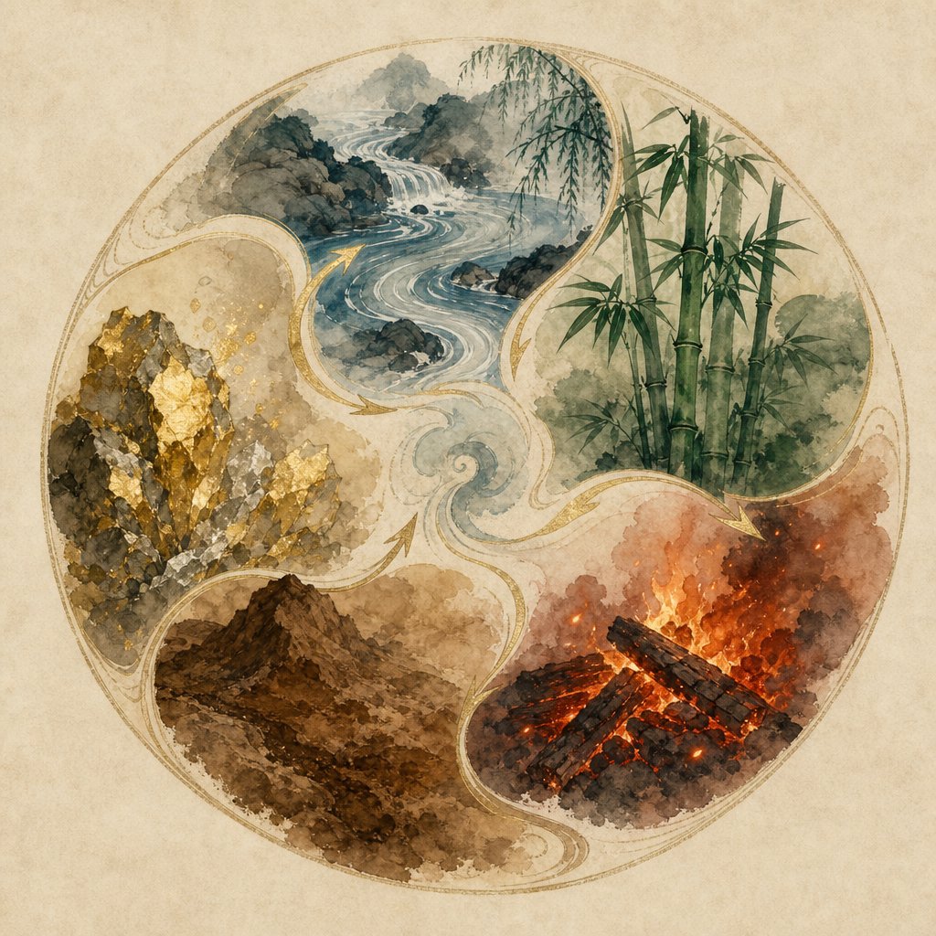 the five elements cycle showing how wood fire earth metal and water interact in chinese naming philosophy