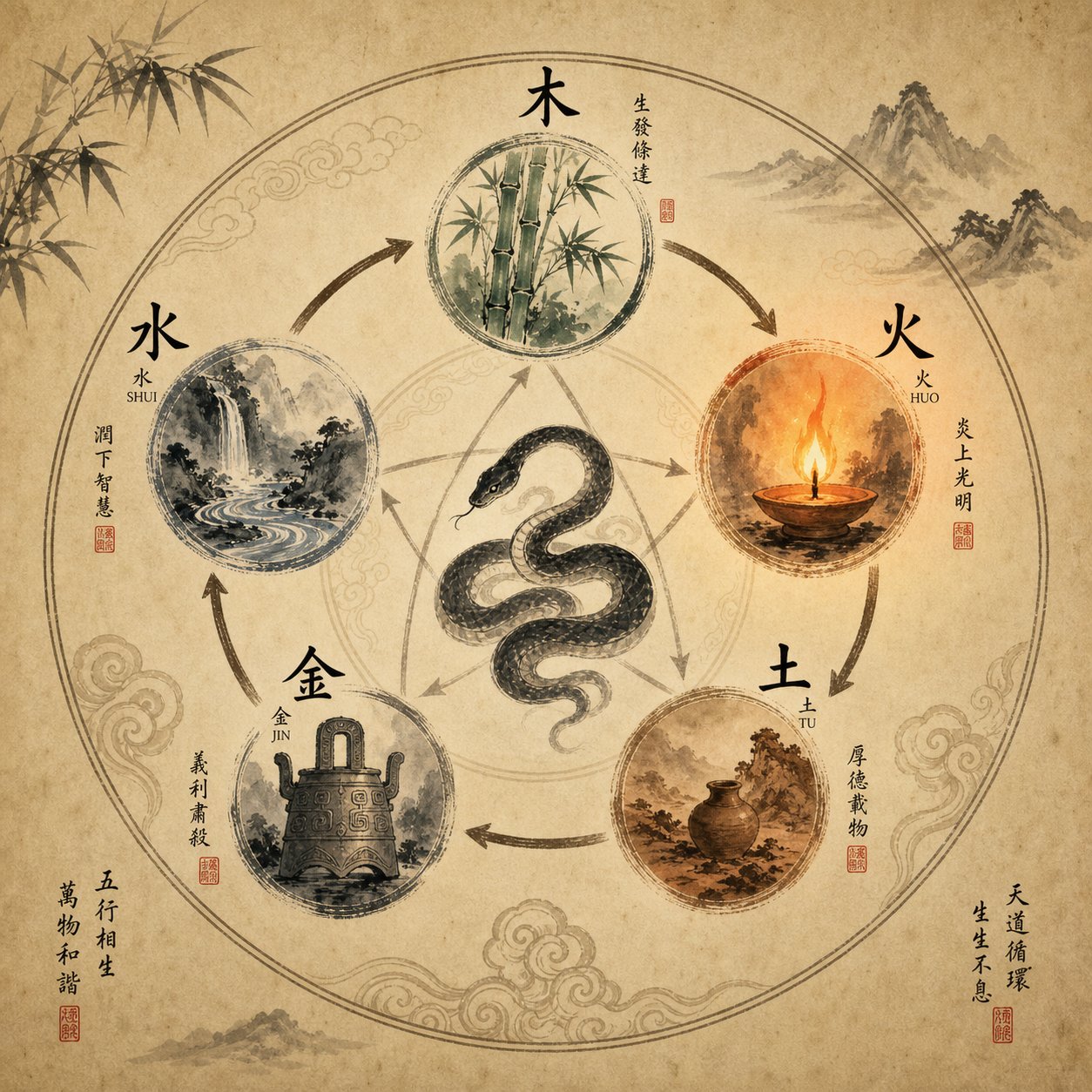 the five elements cycle showing how wood fire earth metal and water interact with the snake's inherent fire energy