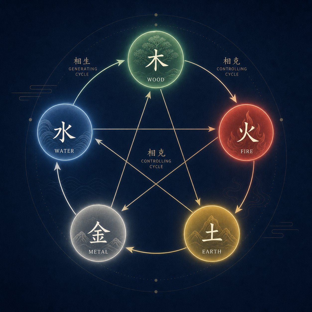 the five elements generating and controlling cycles that guide auspicious character selection for chinese names