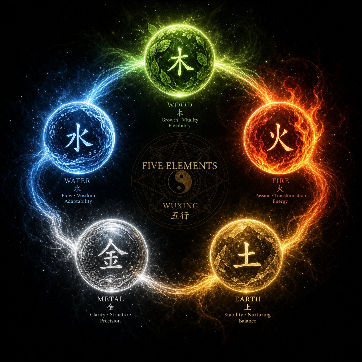 the five elements interact through generating and controlling cycles that determine which characters strengthen a name
