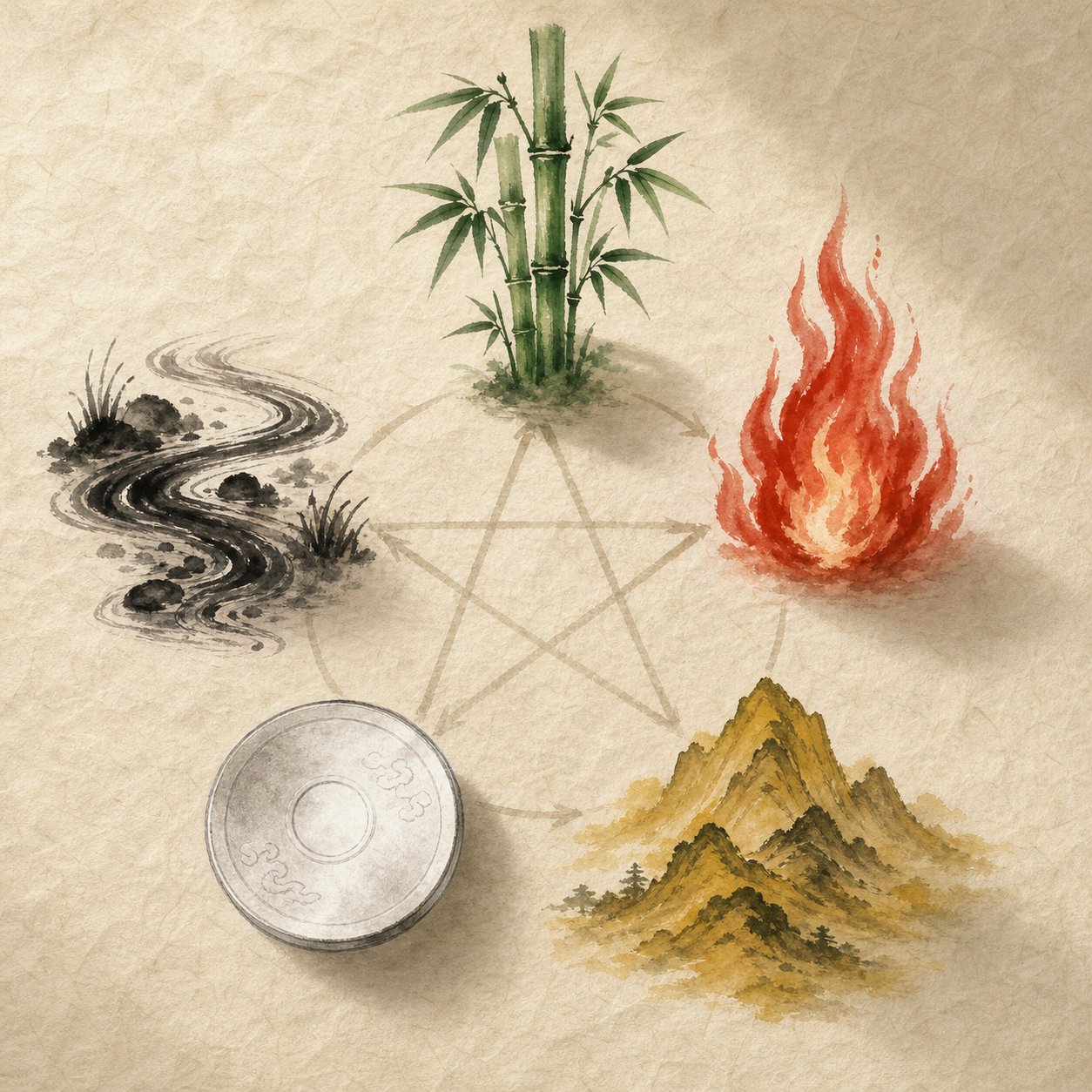 the five elements of wu xing wood fire earth metal and water each carrying distinct seasonal directional and personality associations in chinese tradition
