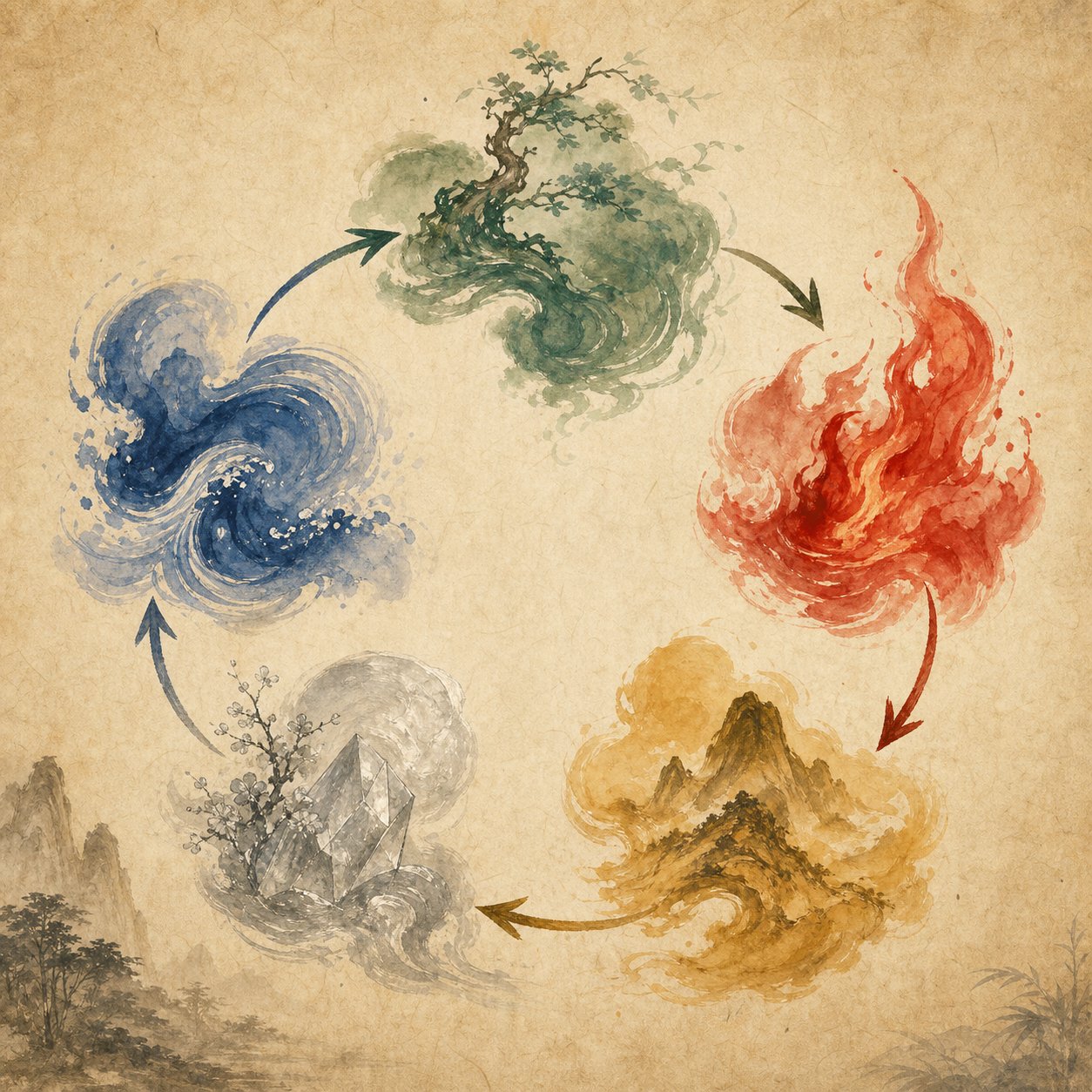 the five elements productive cycle showing how each element nourishes the next in feng shui naming practice