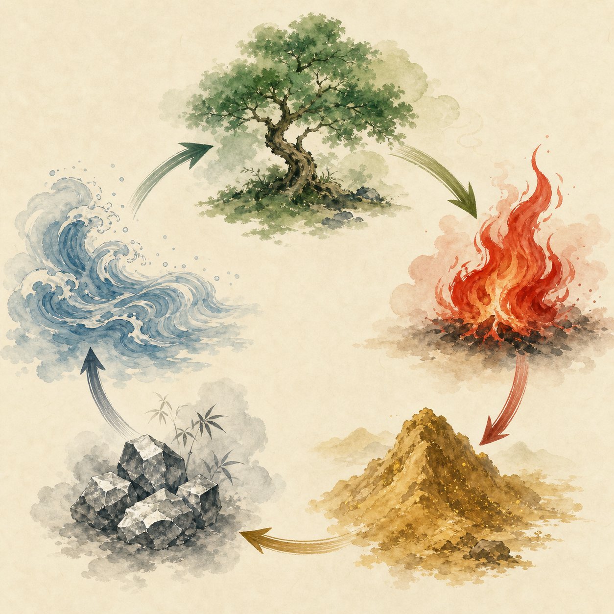 the five elements productive cycle showing how wood interacts with other elemental energies
