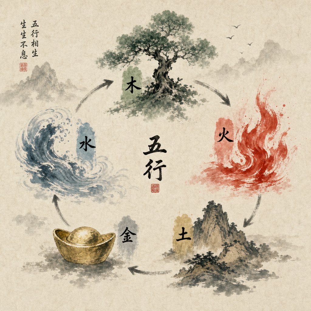 the five elements (wuxing) cycle that guides character selection in traditional chinese naming practices