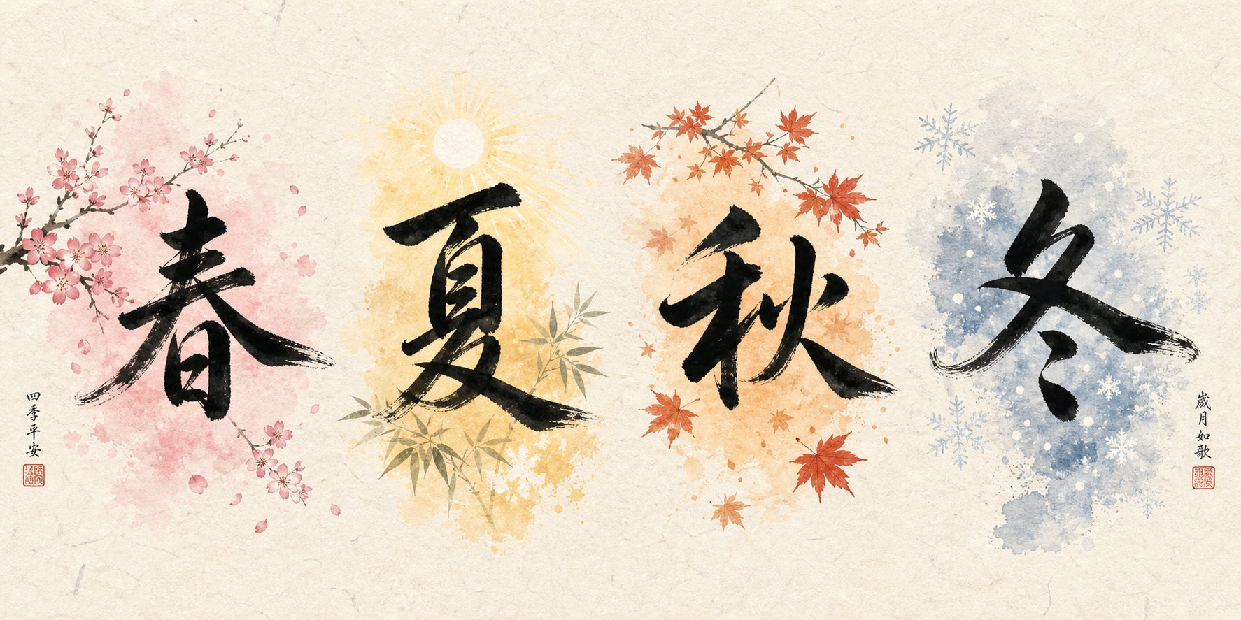 the four chinese season characters with their associated seasonal imagery