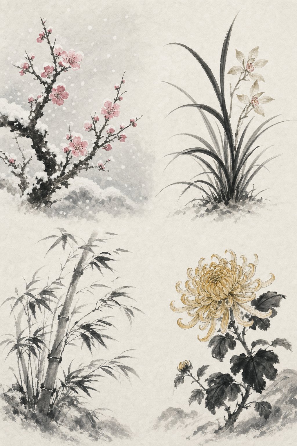 the four gentlemen of chinese art plum blossom orchid bamboo and chrysanthemum representing seasonal virtues