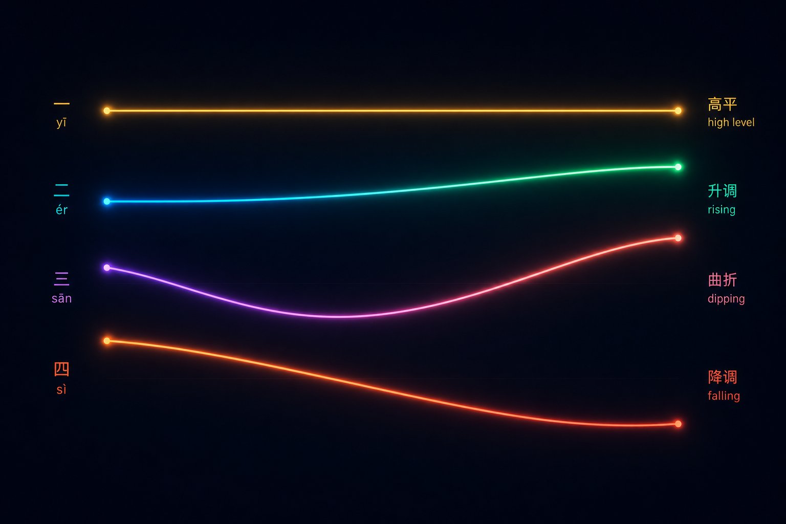 the four mandarin tones each follow a distinct pitch pattern that changes word meaning