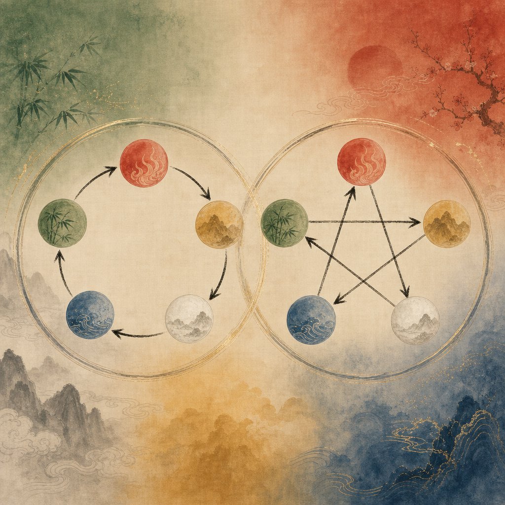 the generating and overcoming cycles showing how five phase elements support or restrain each other in name pairing